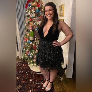 Gorgeous Black Velvet Deep V Dress with Silver Details on Tulle 🖤🩶